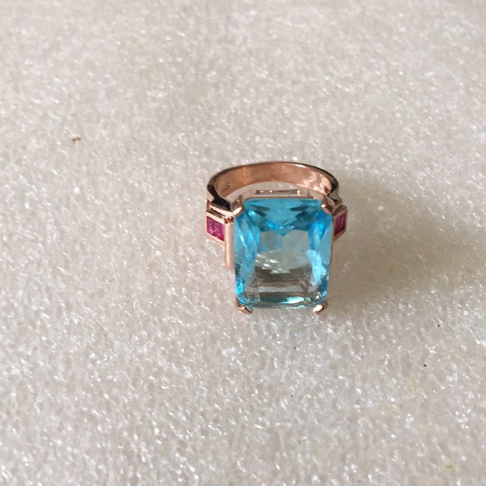 Blue Topaz Statement Ring with Pink Accent Stones